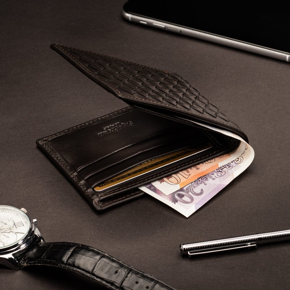 Woven leather wallet with 6 credit card slots, brown, lifestyle