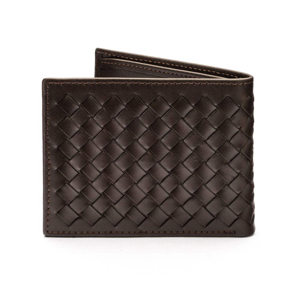 Woven leather wallet with 6 credit card slots, brown, back