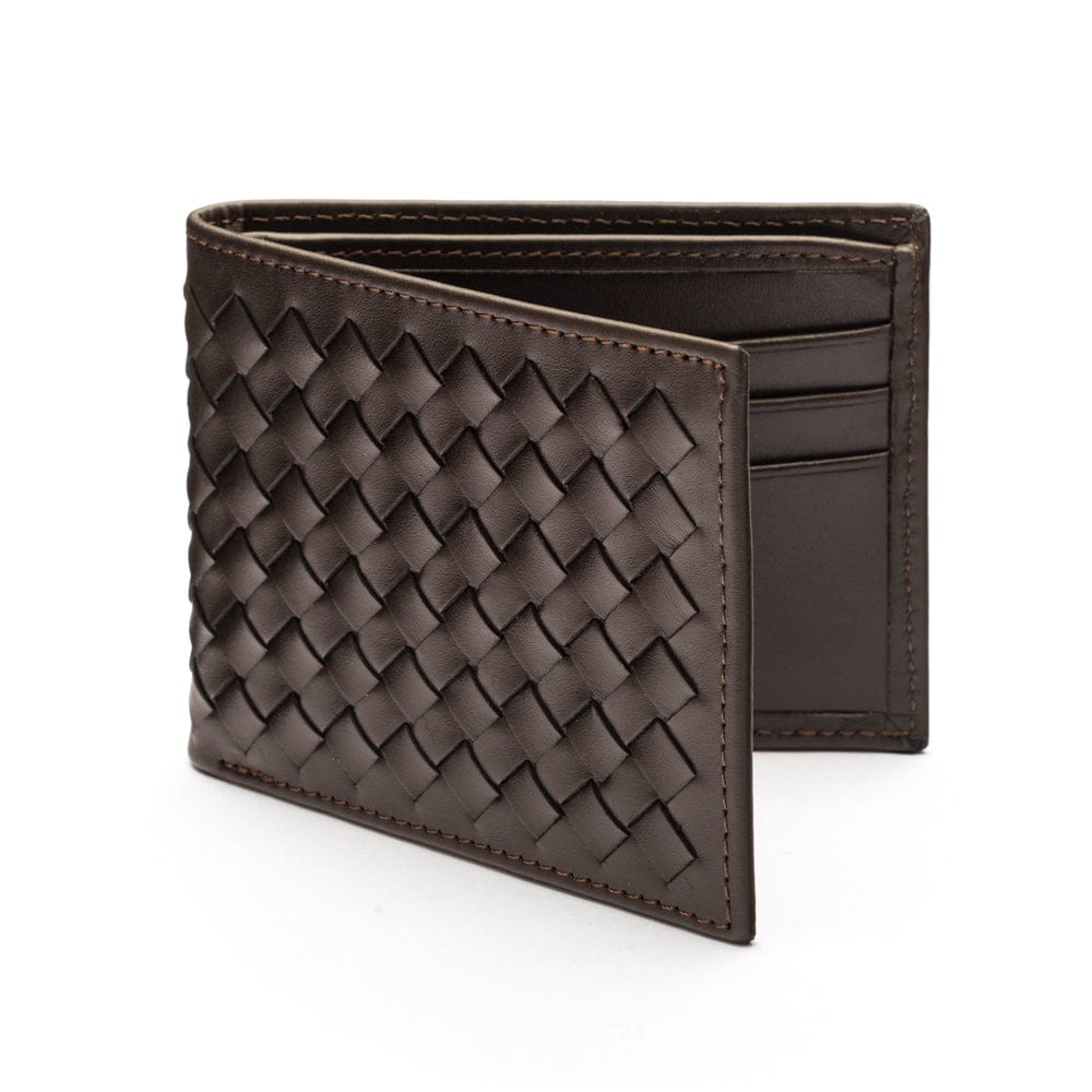 Woven leather wallet with 6 credit card slots, brown, front