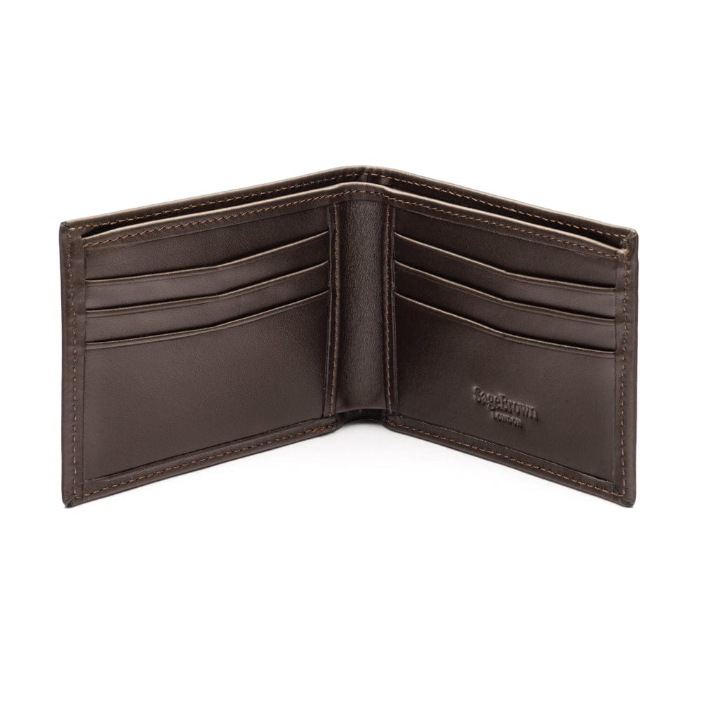 Woven leather wallet with 6 credit card slots, brown, open