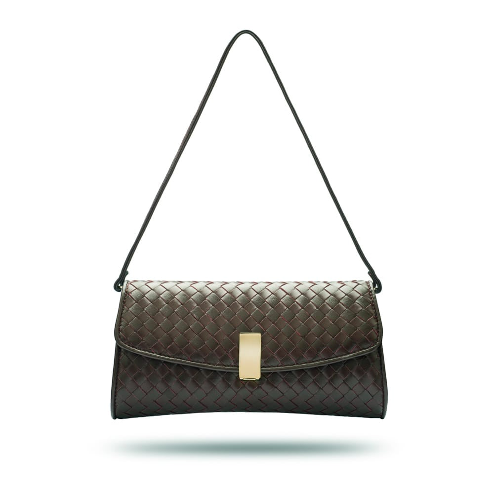 Woven leather clutch, brown, short strap
