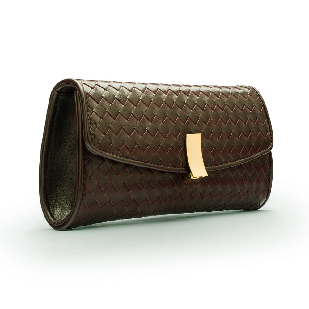 Woven leather clutch, brown, side