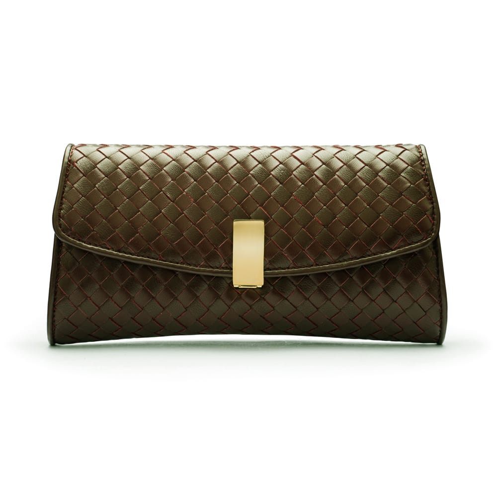 Woven leather clutch, brown, front