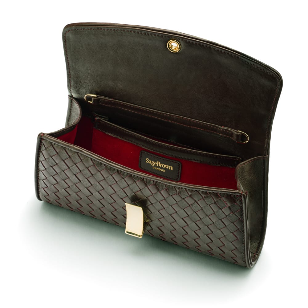 Woven leather clutch, brown, inside