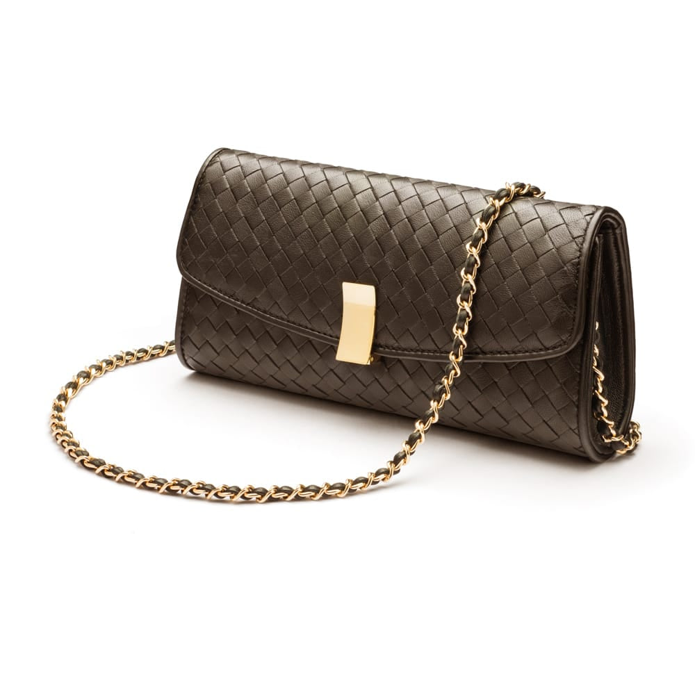 Woven leather clutch, brown, with chain strap