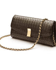Woven leather clutch, brown, with chain strap
