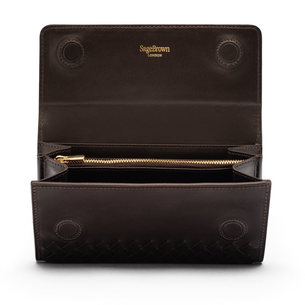 Woven leather concertina purse, brown, open