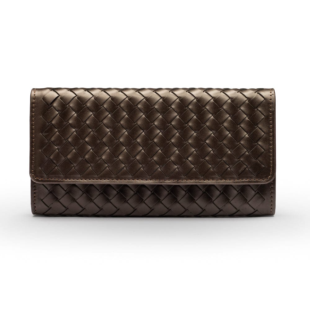 Woven leather concertina purse, brown, front