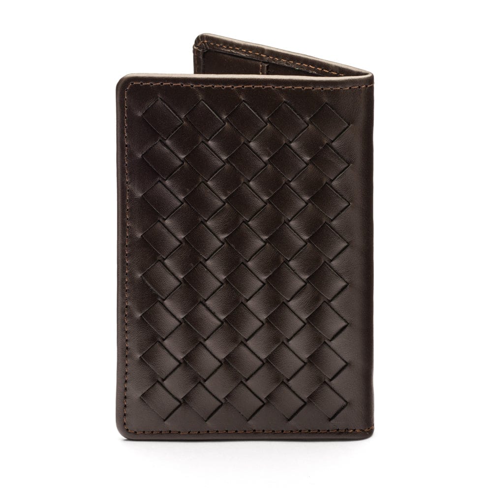 Woven leather card holder, brown, back