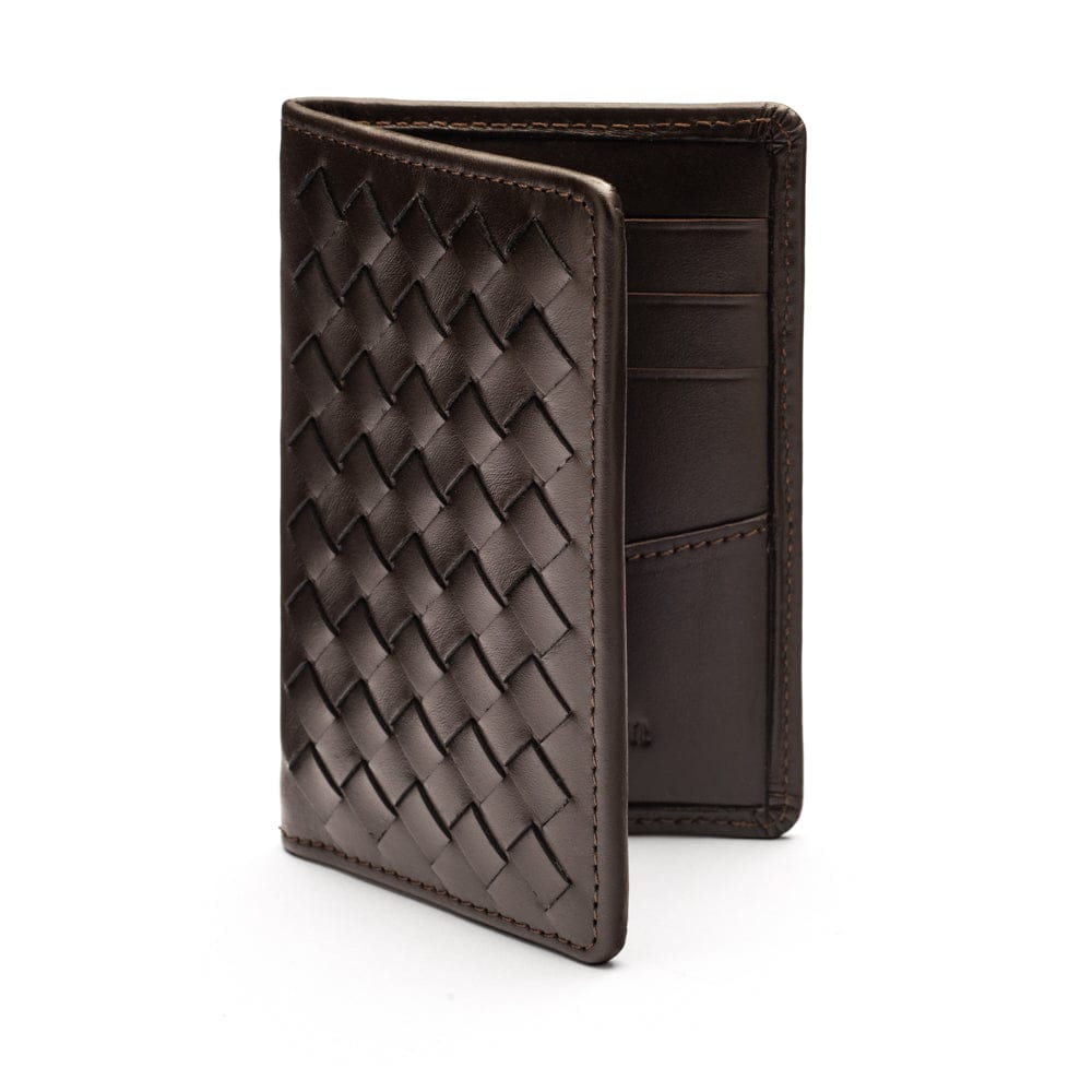 Woven leather card holder, brown, open