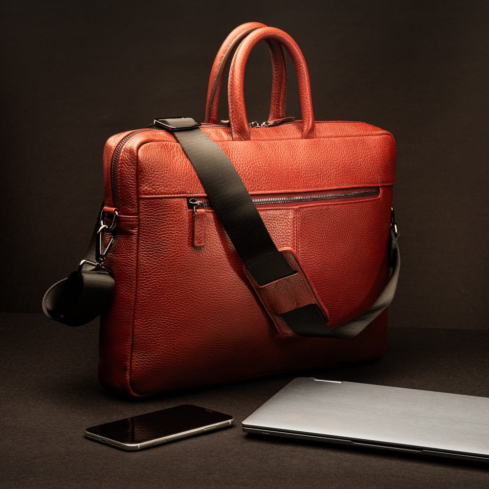 15" slim leather laptop bag, burgundy, lifestyle
