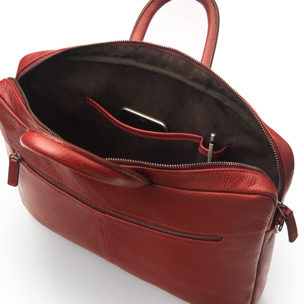 15" slim leather laptop bag, burgundy, inside