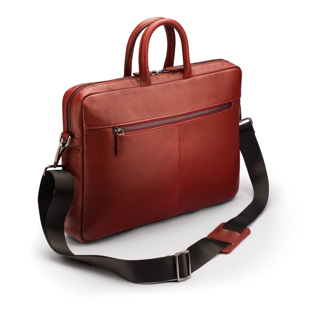 15" slim leather laptop bag, burgundy, with strap
