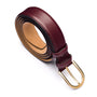 Mens extra long leather belt, burgundy, gold buckle