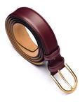 Mens extra long leather belt, burgundy, gold buckle