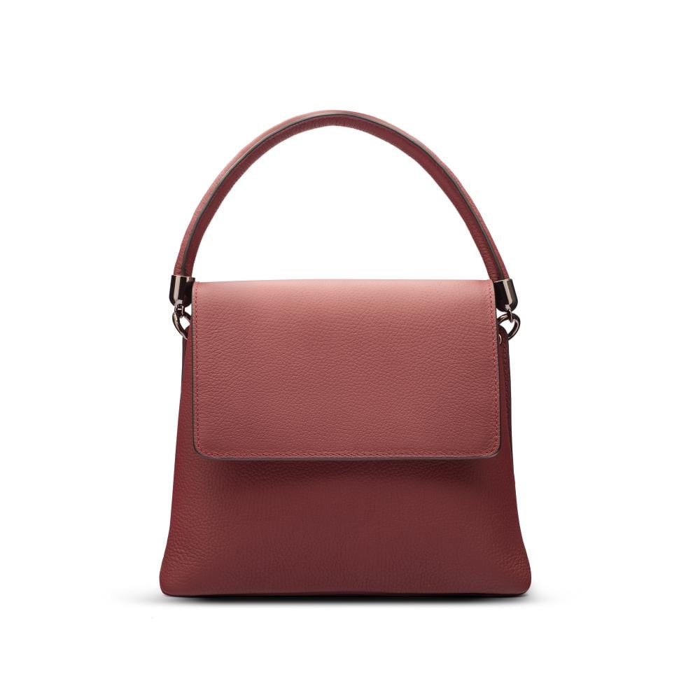 Leather handbag with flap over lid, burgundy, front view