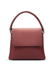 Leather handbag with flap over lid, burgundy, front view