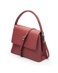 Leather handbag with flap over lid, burgundy,, with shoulder strap