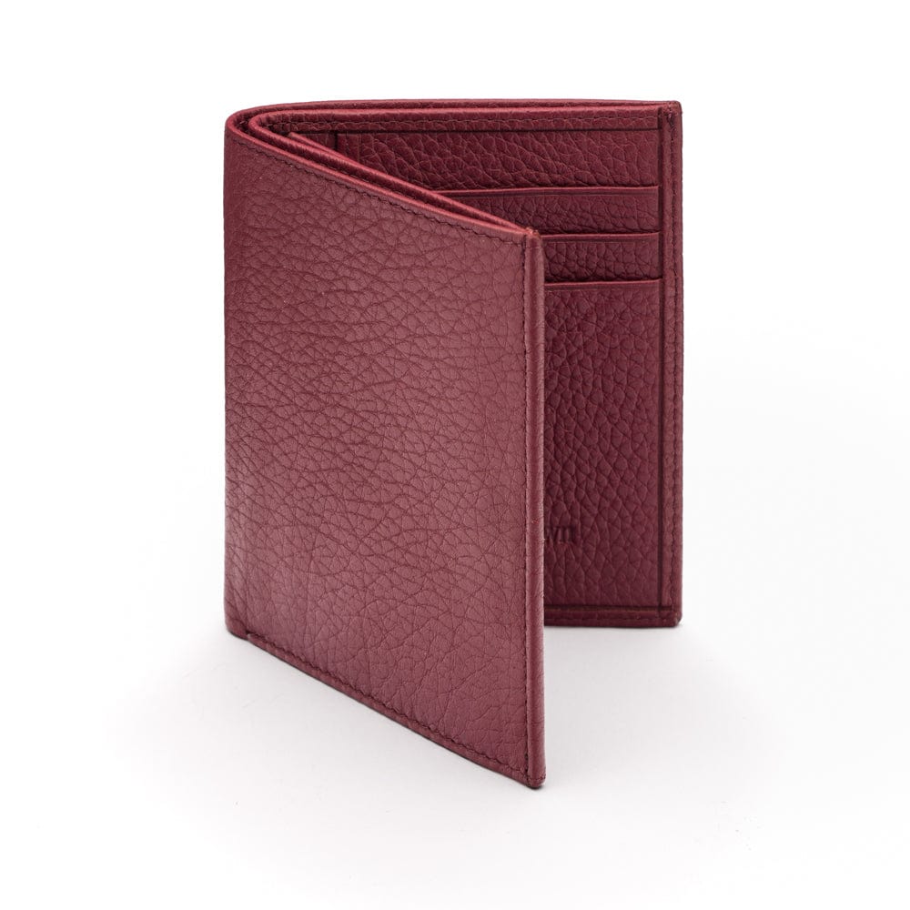 Compact leather wallet with 6 credit card slots and 2 ID windows, burgundy, front