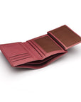 Compact leather wallet with 6 credit card slots and 2 ID windows, burgundy, open