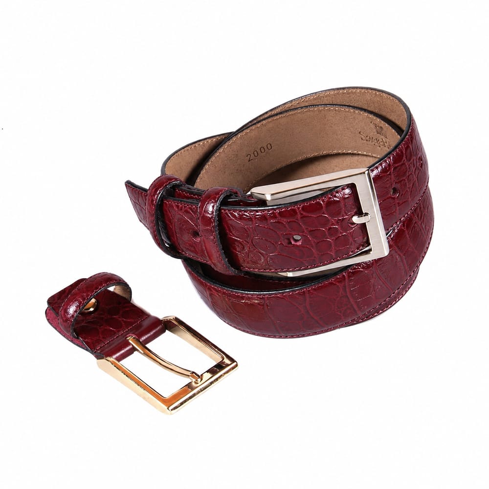 Men's 2-in-1 Interchangeable Leather Belt, Burgundy Croc Effect