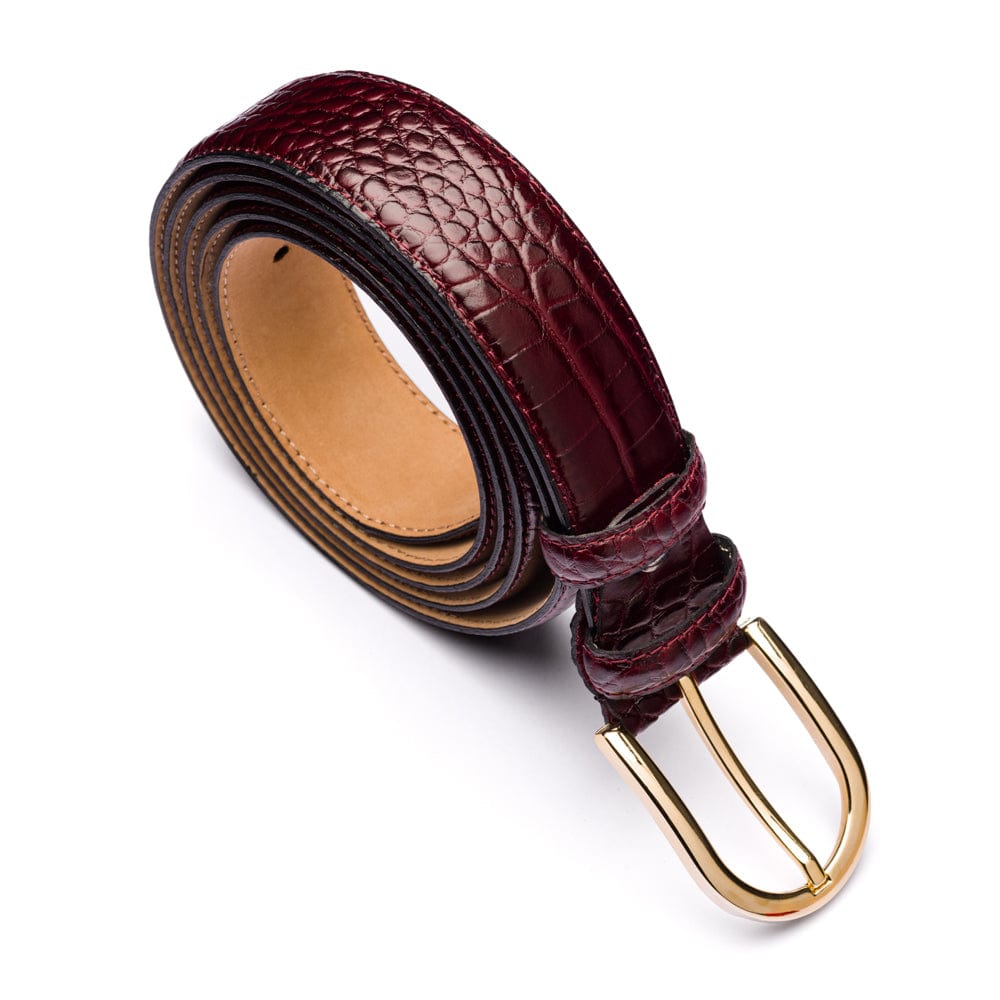 Mens extra long leather belt, burgundy croc, gold buckle