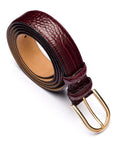 Mens extra long leather belt, burgundy croc, gold buckle