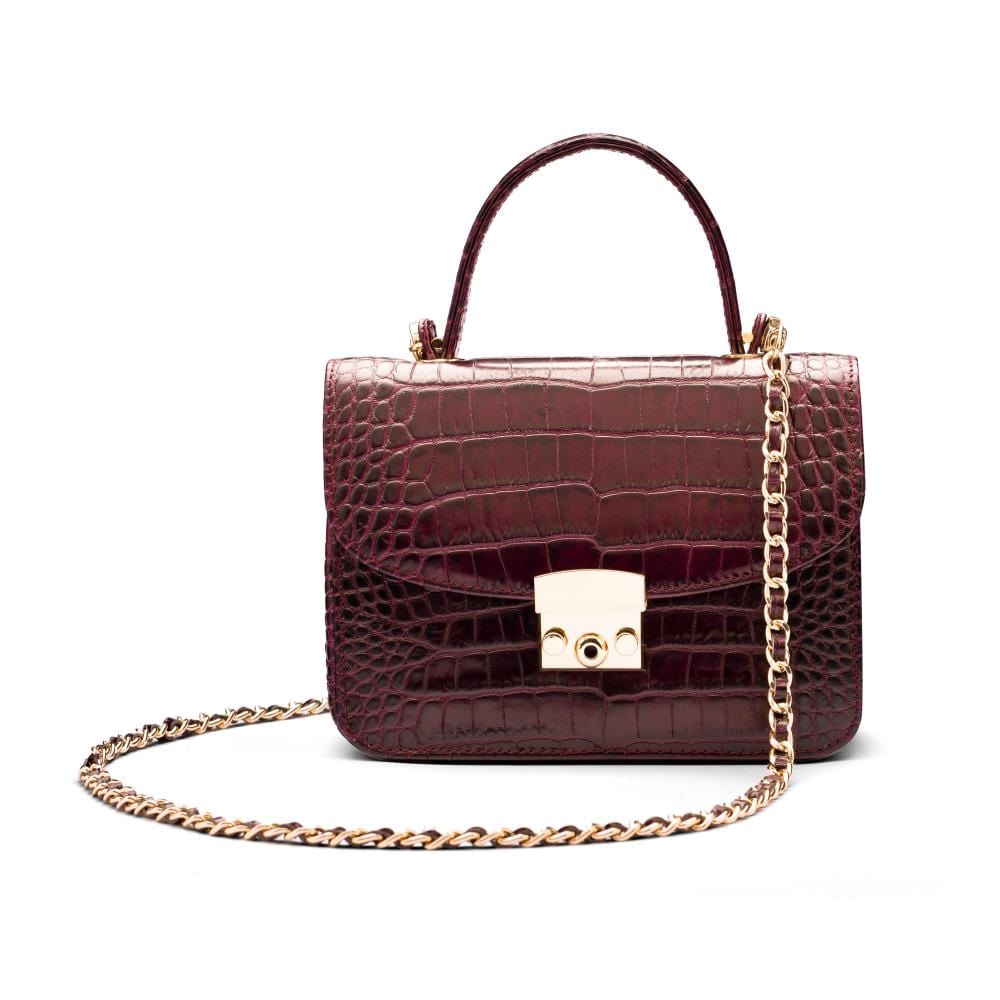 Small leather top handle bag, burgundy croc, front