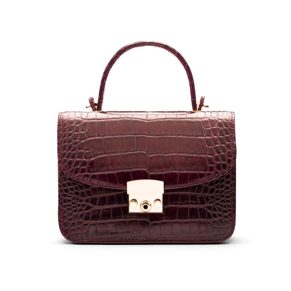 Small leather top handle bag, burgundy croc, front