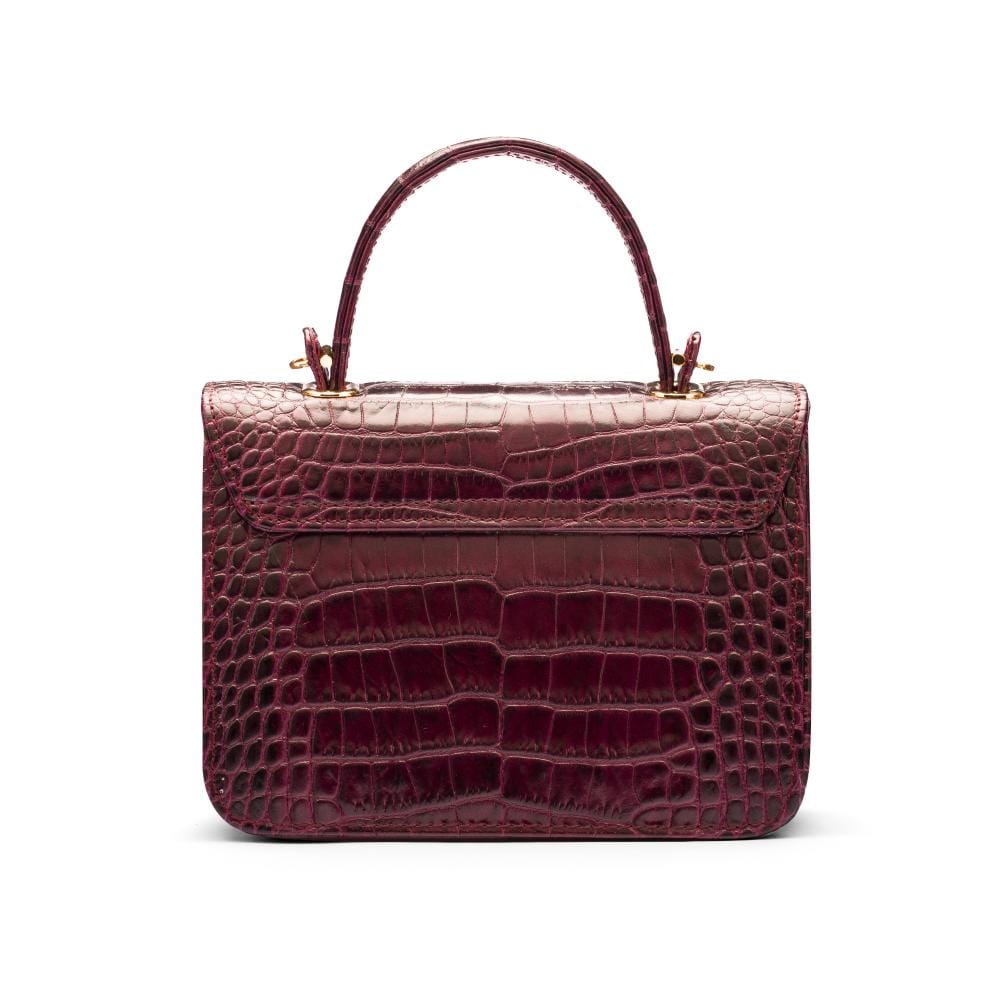 Small leather top handle bag, burgundy croc, back