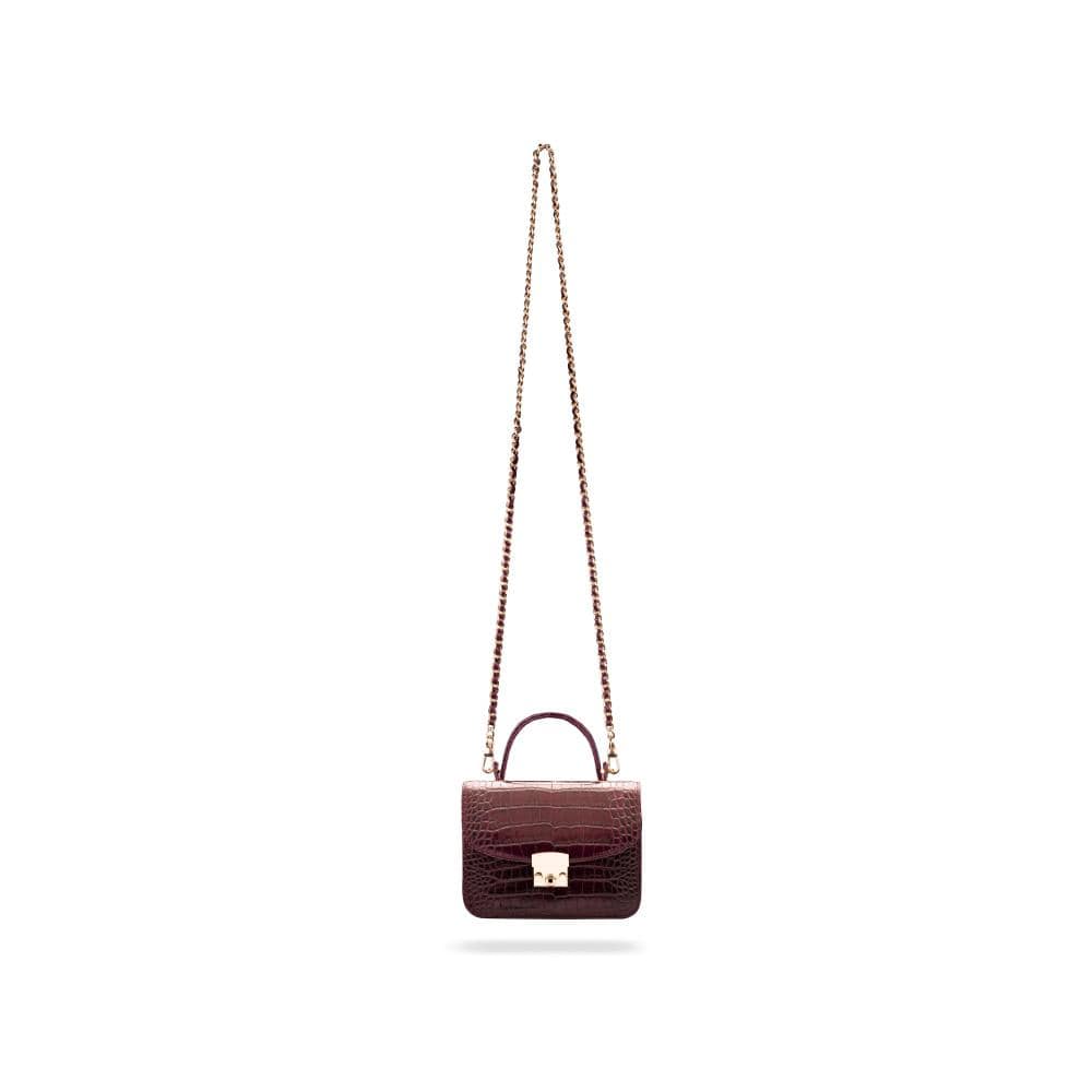 Small leather top handle bag, burgundy croc, with chain strap