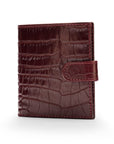 Compact leather RFID billfold wallet with tab, burgundy croc, front