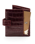 Compact leather RFID billfold wallet with tab, burgundy croc, back
