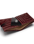 Compact leather RFID billfold wallet with tab, burgundy croc, inside