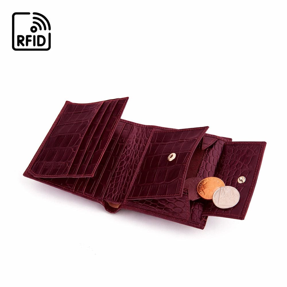 Compact RFID leather wallet with coin purse, burgundy croc, open