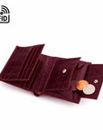 Compact RFID leather wallet with coin purse, burgundy croc, open