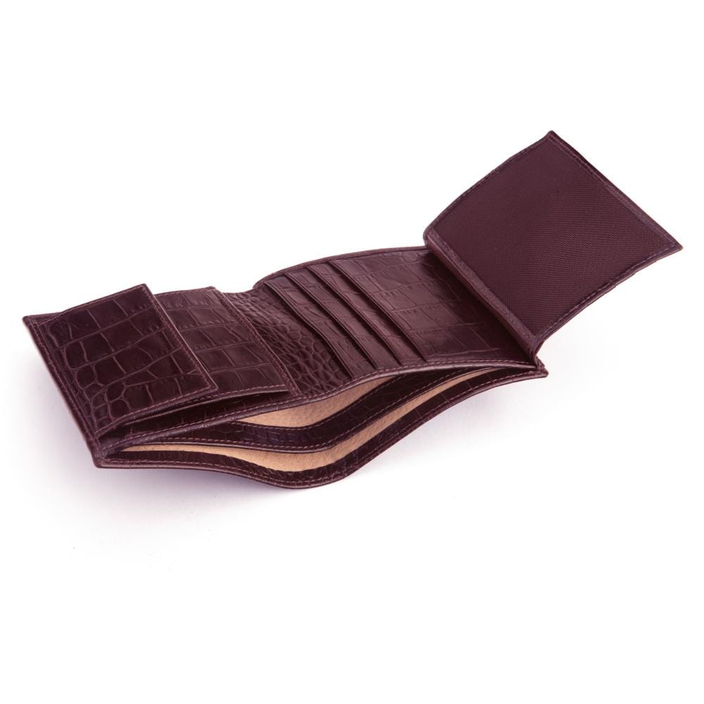 Compact RFID leather wallet with coin purse, burgundy croc, inside