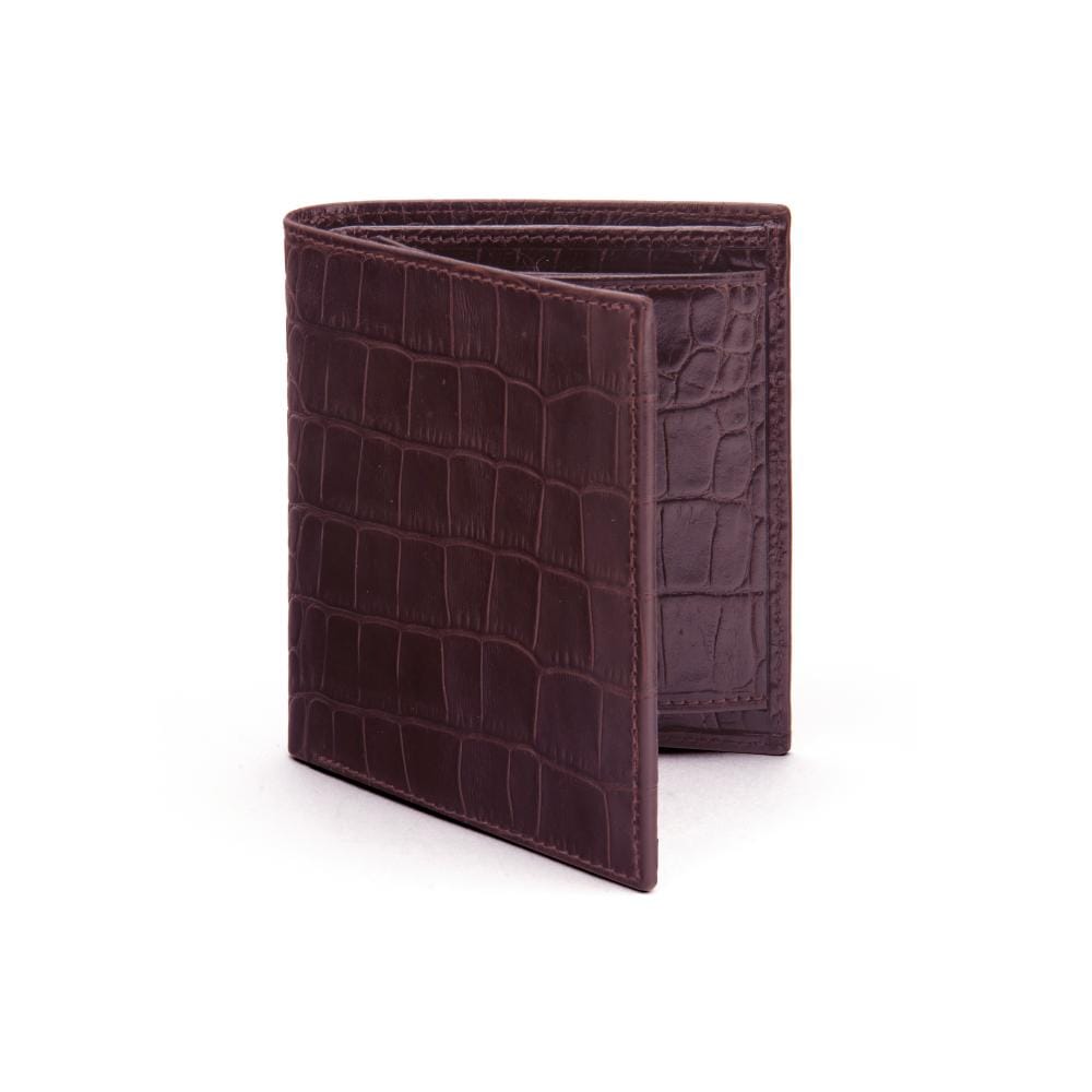 Compact RFID leather wallet with coin purse, burgundy croc, front