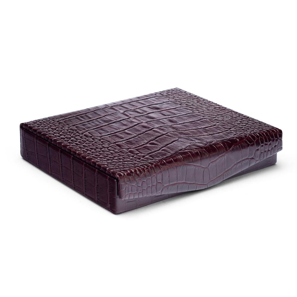 Large Leather Accessory And Cufflink Box,  Burgundy Croc Effect With Red, front