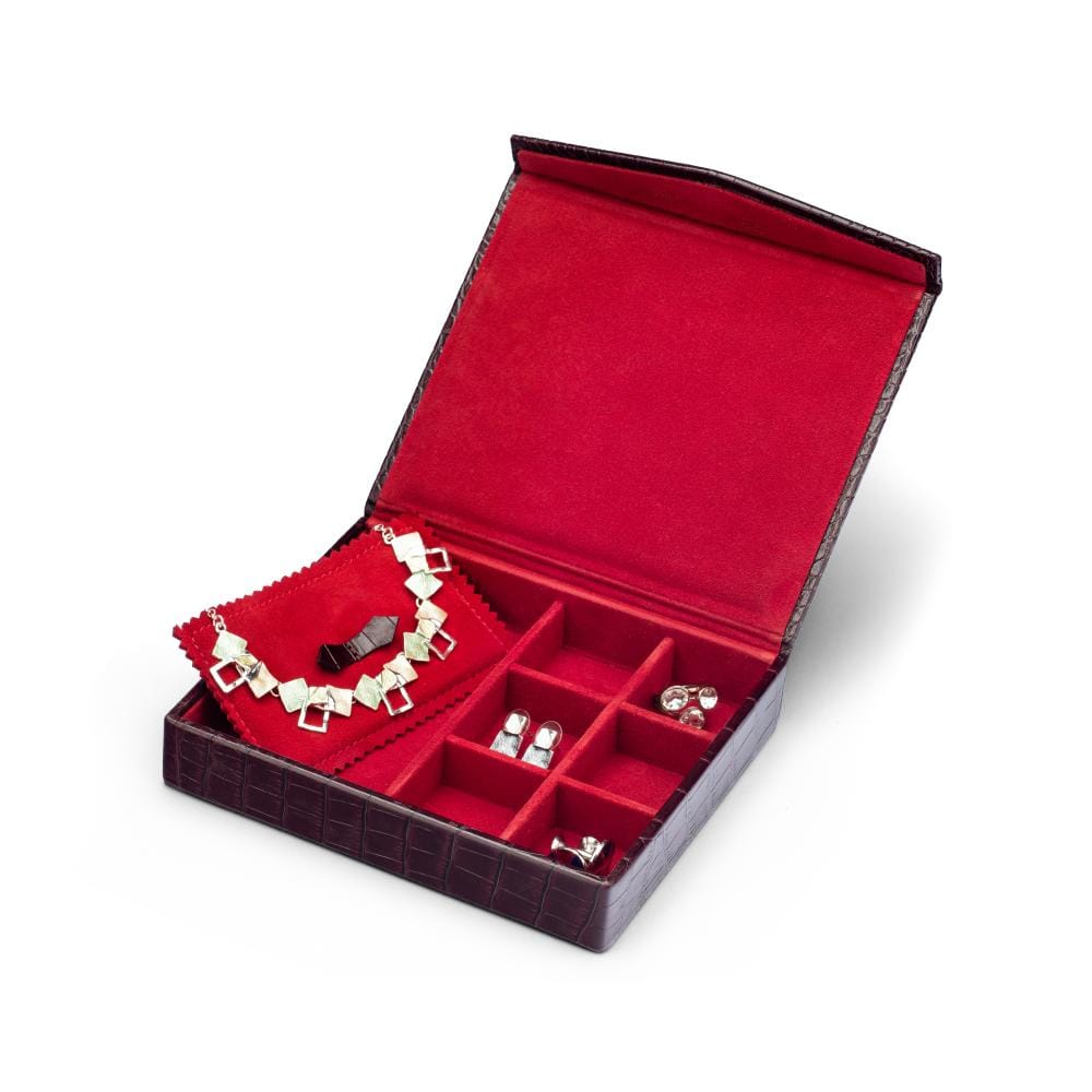 Large Leather Accessory And Cufflink Box,  Burgundy Croc Effect With Red, open