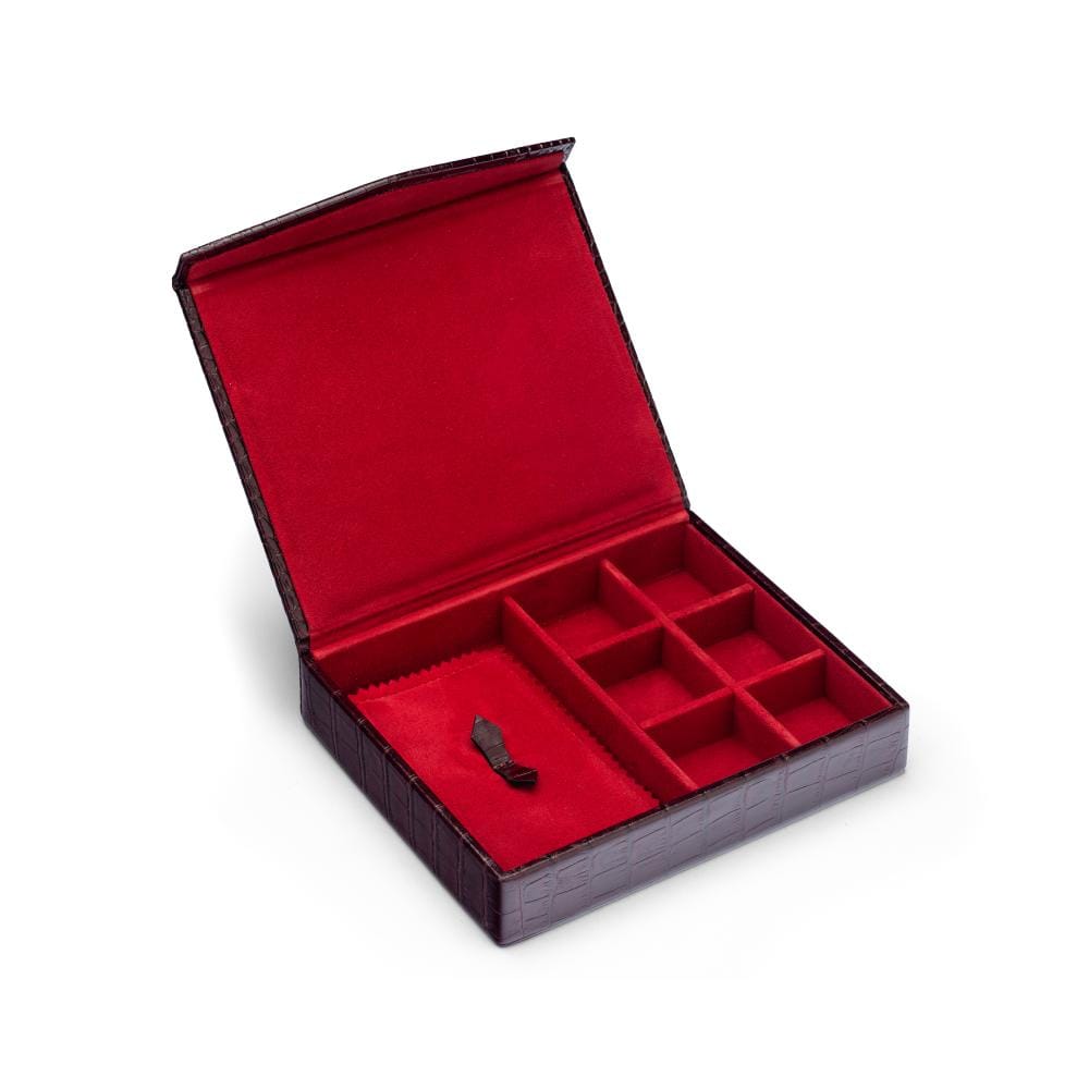 Large Leather Accessory And Cufflink Box,  Burgundy Croc Effect With Red, inside