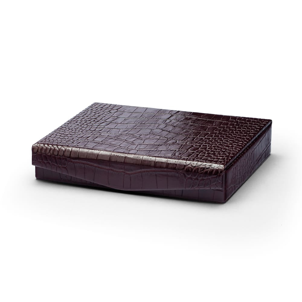 Large Leather Cufflink And Jewellery Box, Burgundy Croc Effect With Red, front