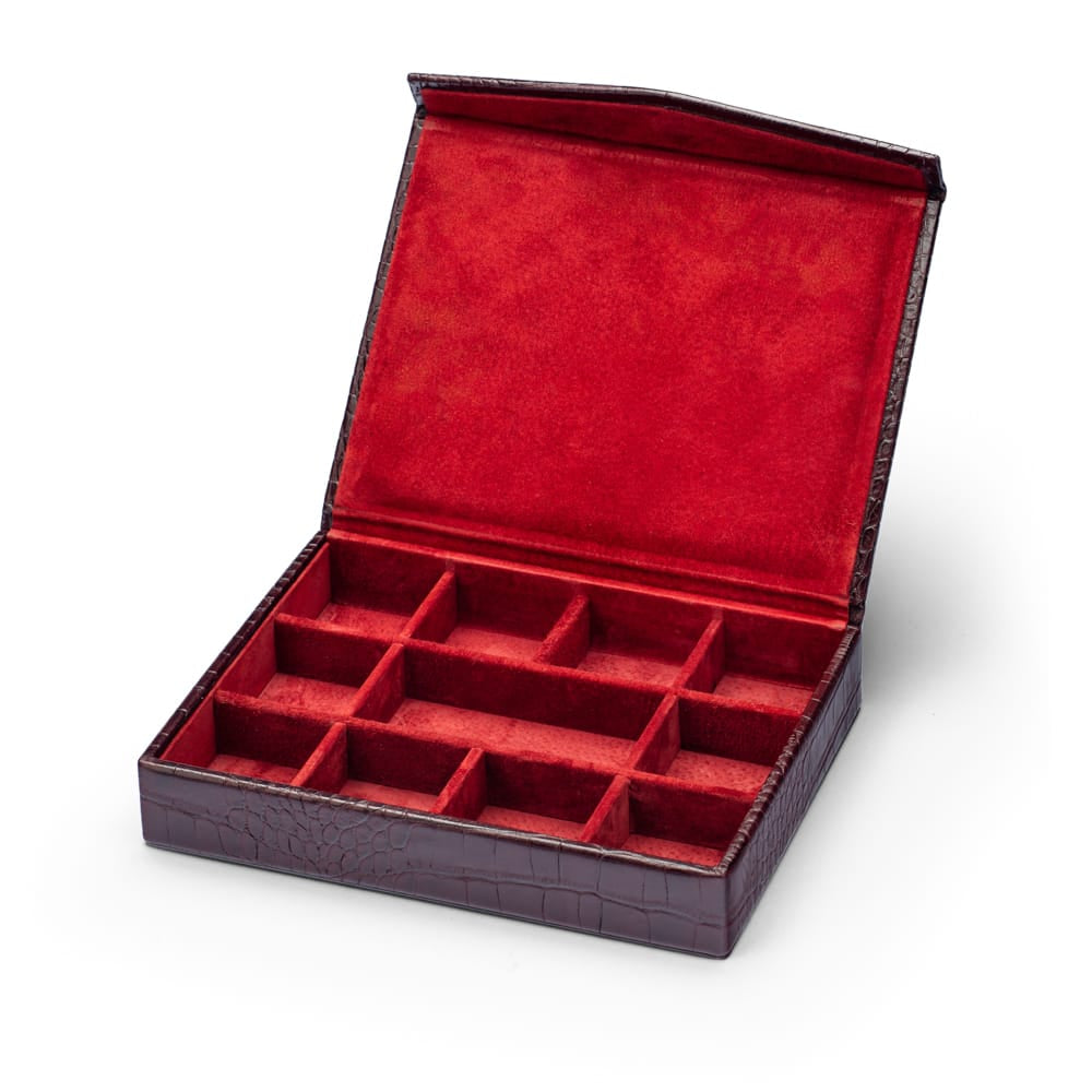 Large Leather Cufflink And Jewellery Box, Burgundy Croc Effect With Red, inside