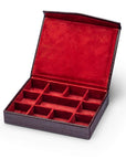 Large Leather Cufflink And Jewellery Box, Burgundy Croc Effect With Red, inside