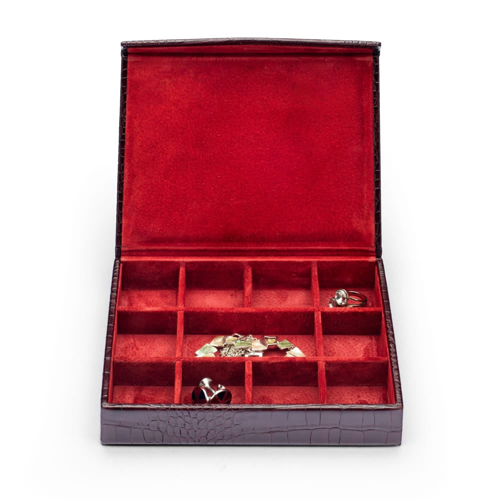 Large Leather Cufflink And Jewellery Box, Burgundy Croc Effect With Red, open