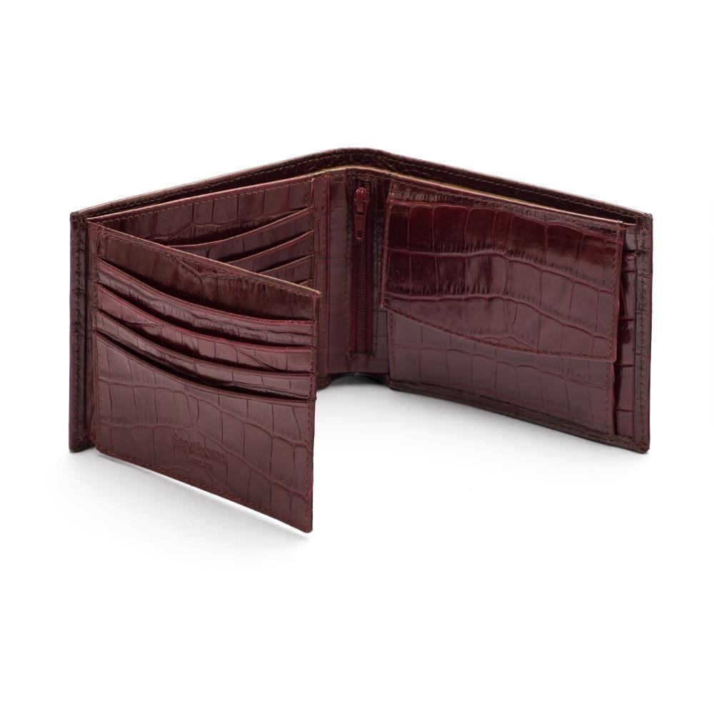 Essential leather billfold wallet, burgundy croc, open