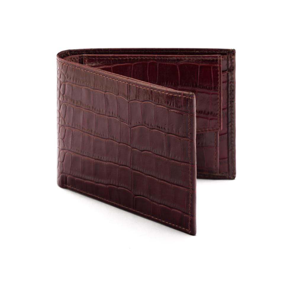 Essential leather billfold wallet, burgundy croc, front