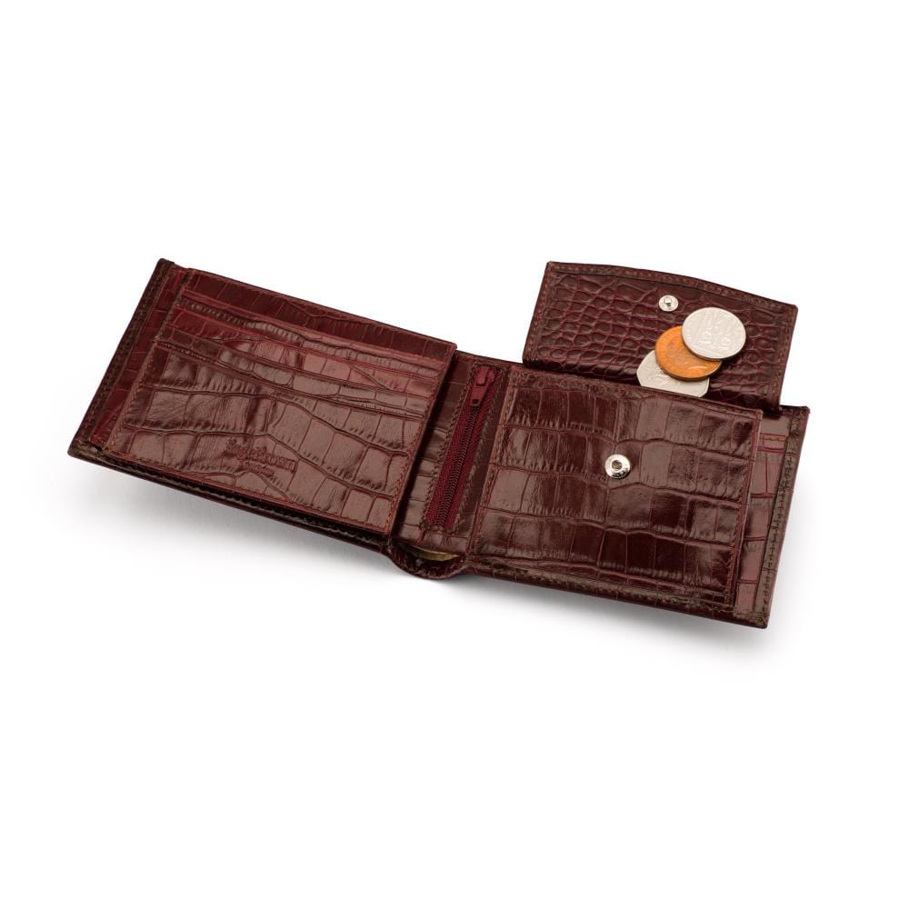 Essential leather billfold wallet, burgundy croc, open