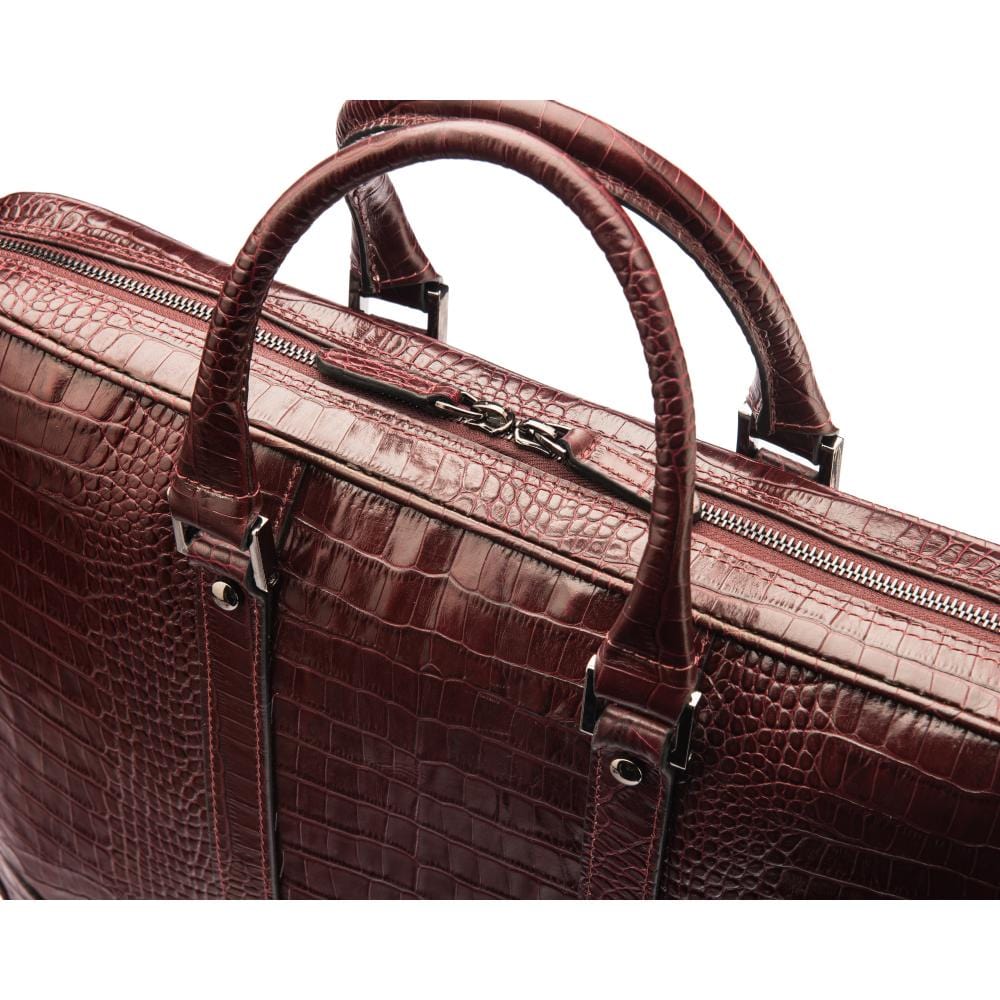 15" leather laptop bag, burgundy croc, closeup