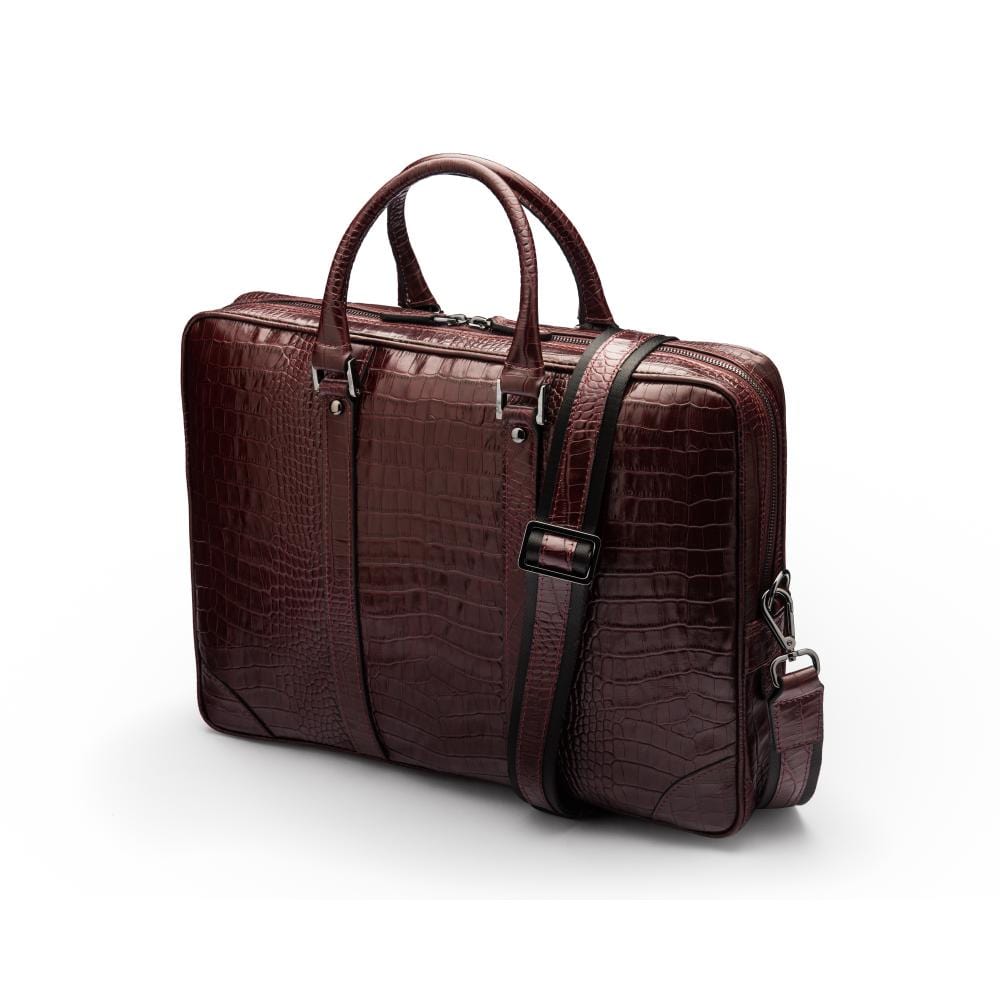 15" leather laptop bag, burgundy croc, with shoulder strap